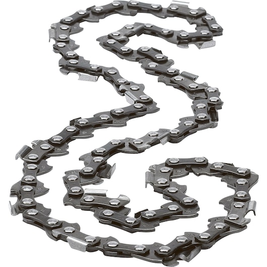 BLACKDECKER A6154 chainsaw replacement chain, silver metal, flat lay, photography on white background.