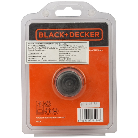 BLACK+DECKER A6226 bump feed replacement spool in sealed plastic packaging, front view, orange and black label.
