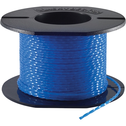 A spool of blue twisted plastic line, mounted on a black reel.