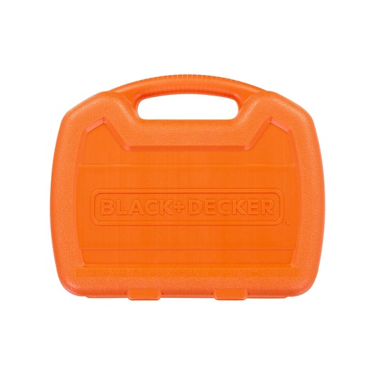 An orange plastic carrying case with a handle, featuring the BLACK+DECKER logo embossed on the front.