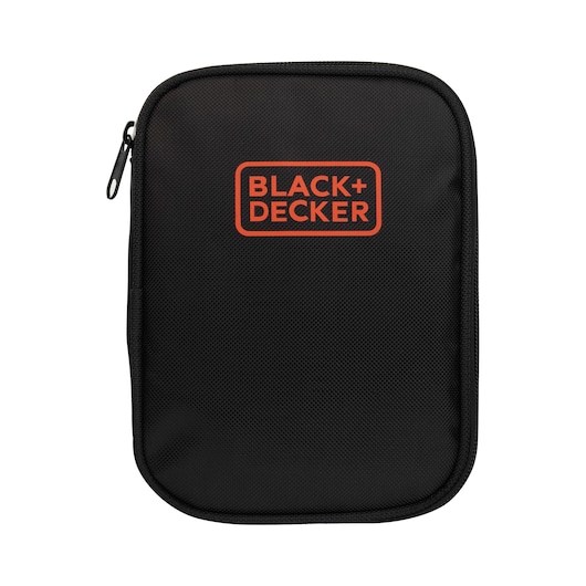 A black zippered carrying case with the BLACK+DECKER logo in orange on the front.