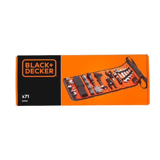 BLACK+DECKER A7144 tool kit box, front angle, features orange packaging and 71-piece rolled tool set.