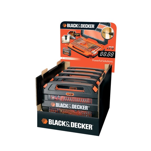 Display of BLACK+DECKER tool kits containing assorted bits and accessories, stored in black and orange plastic cases with clear lids, arranged inside a branded cardboard display box.