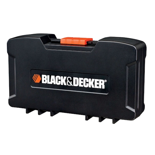 A black hard plastic carrying case with an orange latch and the BLACK+DECKER logo on the front.