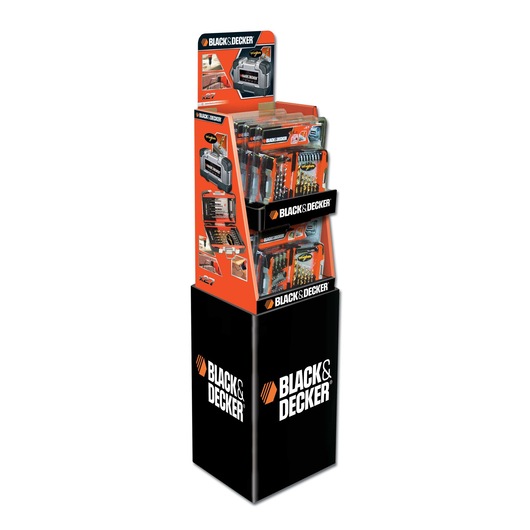 A BLACK+DECKER branded retail display stand featuring multiple tool accessory sets in orange and black packaging. The stand is tall with promotional images and logos, designed for in-store presentation.