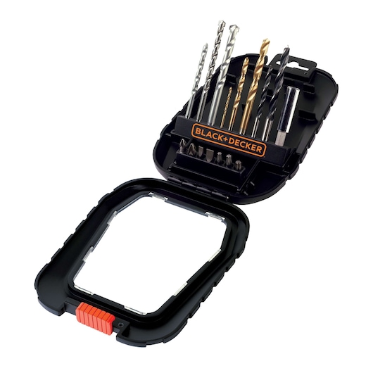 Photo of BLACK+DECKER A7186 drill and screwdriver bit set in a black plastic case, shown from above on white background.