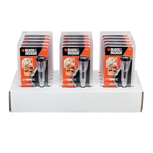 Display of multiple BLACK+DECKER A7197 photography accessories packaged in clear plastic on a white cardboard stand.