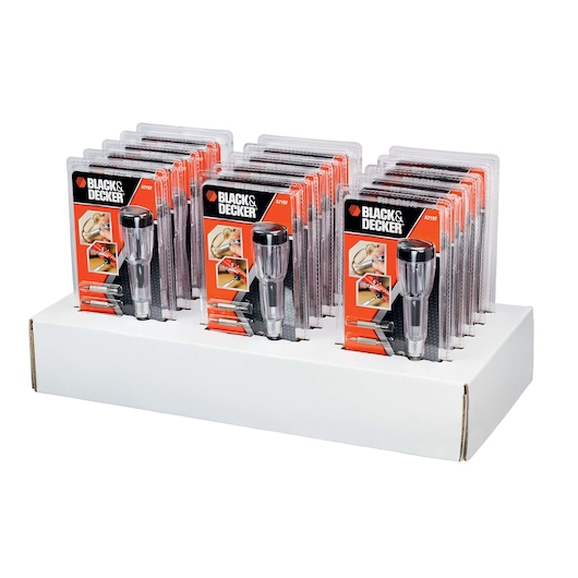 Display of BLACK+DECKER branded tool accessory packs, each featuring a screwdriver handle and bits, arranged in a white cardboard tray.