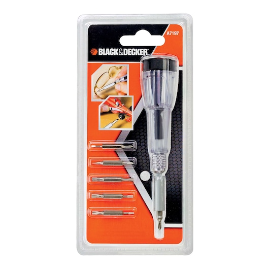 BLACK+DECKER A7197 precision screwdriver set with interchangeable bits in blister packaging, front view.