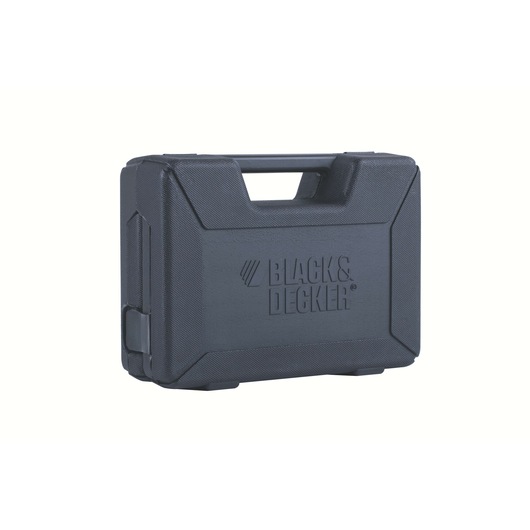 Photo of BLACK+DECKER A7211 black hard plastic tool case with handle, angled view on white background.