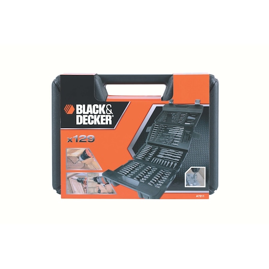 BLACK+DECKER drill bit and accessory set A7211, 129-piece kit in black case, front view on white background.