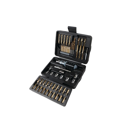 A BLACK+DECKER drill and screwdriver bit set in a black plastic case, open to display various bits, sockets, and a handle, organized in compartments.