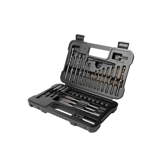BLACKDECKER drill bit set A7214 in black plastic case, angled view, assorted bits organized inside.