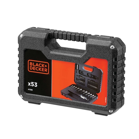 BLACK+DECKER A7218 53-piece tool and bit set in a hard black carrying case with a handle, featuring a red and black label showing the contents inside.