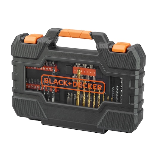 BLACKDECKER A7231 drill and bit set in black hard case, orange handle, front angle on white background.