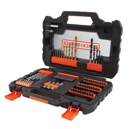 BLACK+DECKER A7231 drill and screwdriver bit set in black and orange case, open, showing assorted bits and accessories.