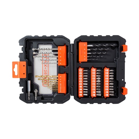 BLACK+DECKER A7232 drill and screwdriver bit set in black hard case, open top view showing assorted bits and holders.