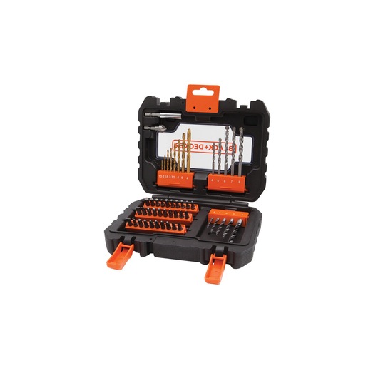 BLACK+DECKER A7232 drill and screwdriver bit set in black and orange plastic case, open, white background, angled view.