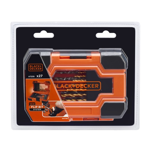 BLACK+DECKER A7235 drill bit set with orange and black case, new flip bit system, front angle on white background.