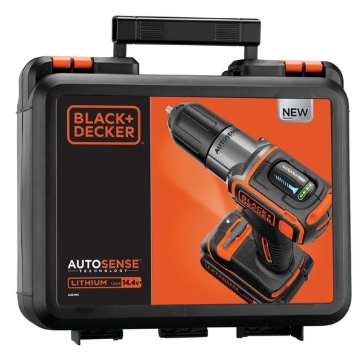 BLACK+DECKER ASD14K cordless drill case, front angle, black with orange details and product image on label.