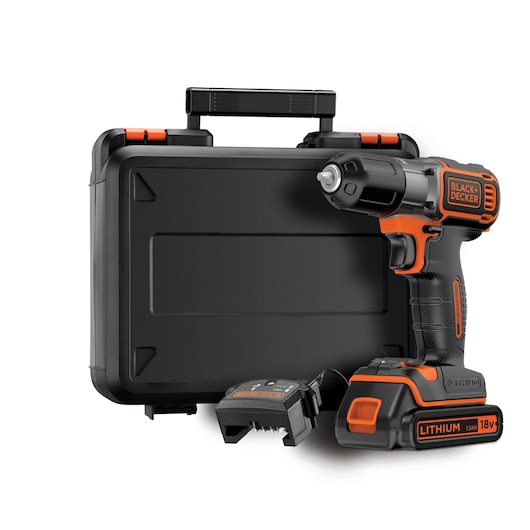A BLACK+DECKER 18V cordless drill with lithium battery, shown with a black carrying case and charger.