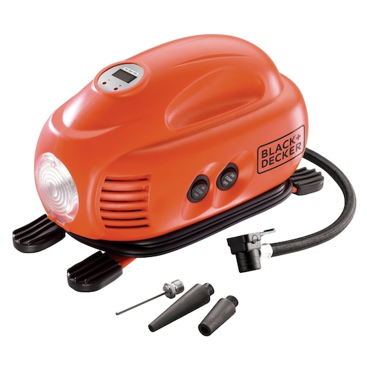 BLACKDECKER ASI200 orange portable air compressor with hose and nozzles, side angle on white background