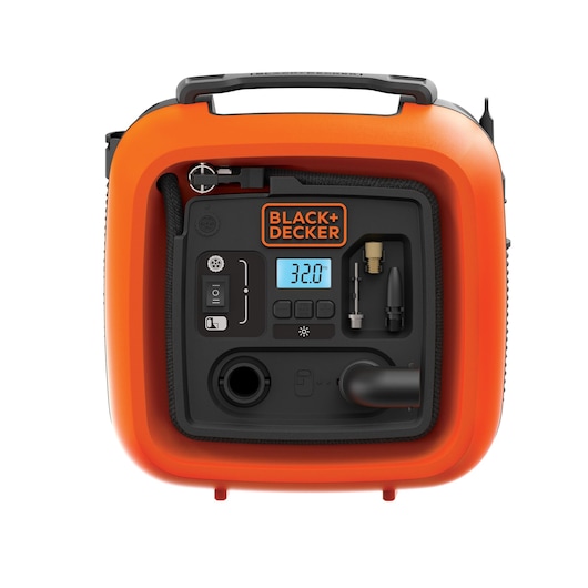 Front view of a BLACK+DECKER portable air compressor, model ASI400, with an orange casing. The control panel displays a digital screen with the number 32.0, several buttons, a power switch, and air hose attachments.