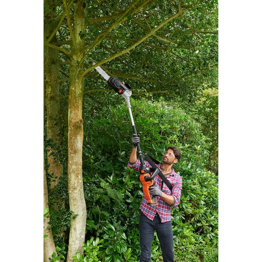 BLACK+DECKER BCASCS61B pole saw used for pruning high tree branches in a garden.