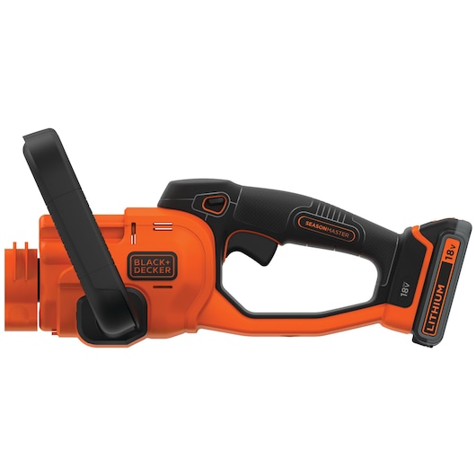 Side view of a BLACK+DECKER cordless power tool with an orange and black design. It features a handle, trigger, and an 18V lithium battery, labeled 'SeasonMaster.'