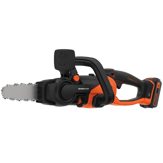 A BLACK+DECKER cordless chainsaw with an orange and black design, featuring an 18V lithium battery. The product is photographed against a white background.