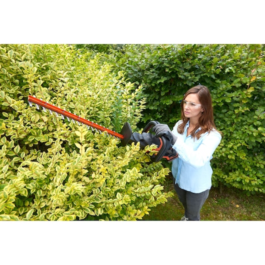 Person using BLACKDECKER BCASK891D hedge trimmer to trim green bushes outdoors.