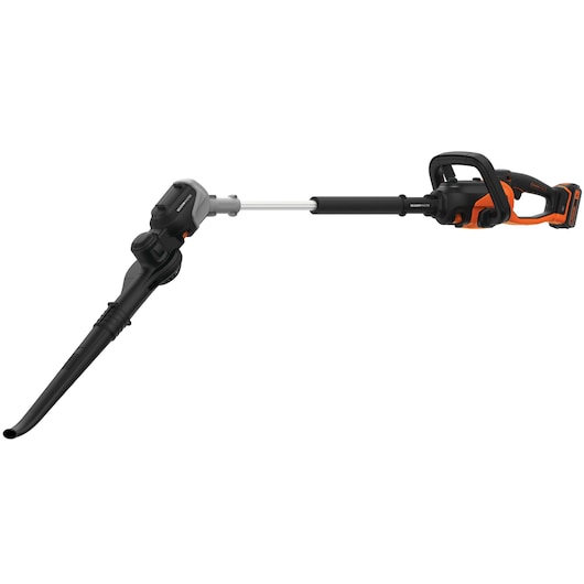 Cordless BLACK+DECKER garden blower with ergonomic handle and long nozzle, shown on a white background.