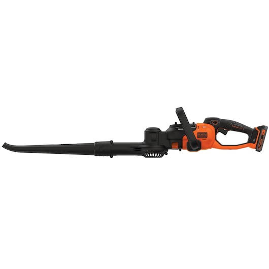A BLACK+DECKER cordless garden blower with an orange and black design, featuring a long nozzle and ergonomic handle.