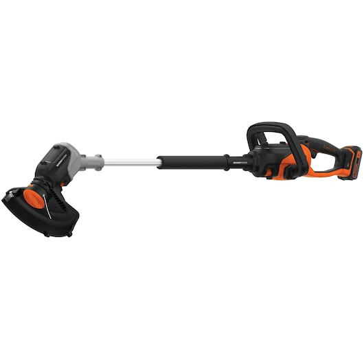A BLACK+DECKER cordless string trimmer with an orange and black design, featuring a battery-powered handle and a cutting head with protective guard.