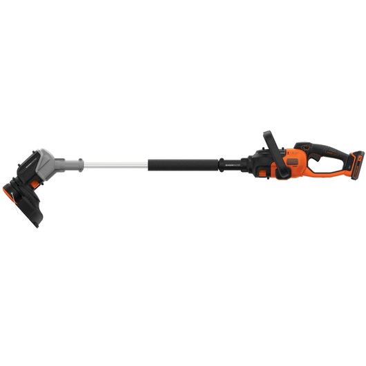 A BLACK+DECKER cordless garden trimmer with an orange and black handle and extendable shaft, designed for trimming grass and edges in outdoor spaces.