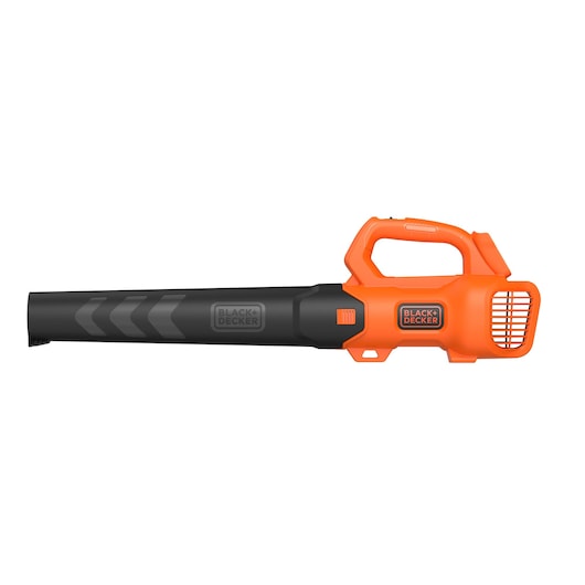 A BLACK+DECKER leaf blower with a black nozzle and orange handle is shown against a white background.