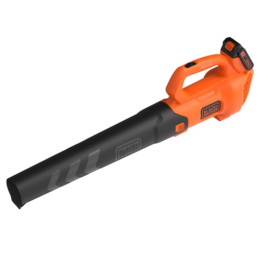 A BLACK+DECKER cordless leaf blower, model BCBL200L, with an orange and black design and ergonomic handle.