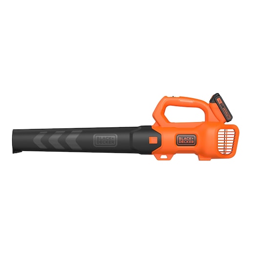 A BLACK+DECKER cordless leaf blower, model BCBL200L, featuring an orange and black design with a handle and removable battery attached.