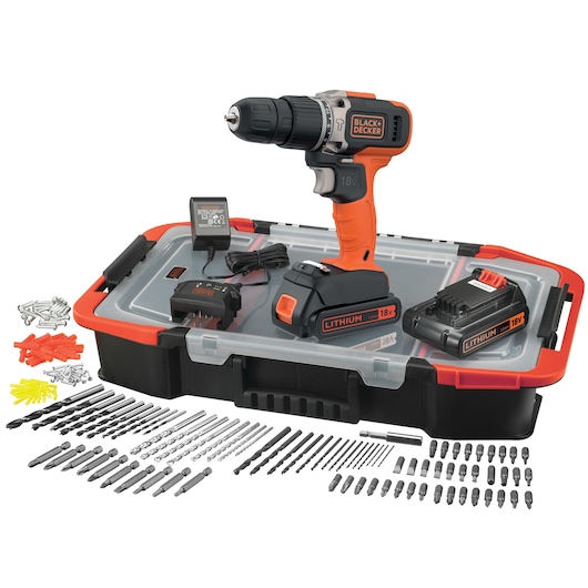 BLACK+DECKER 18V cordless drill set with a black and orange drill, two lithium-ion batteries, battery charger, storage case, various drill bits, screwdriver bits, screws, and rawl plugs displayed.