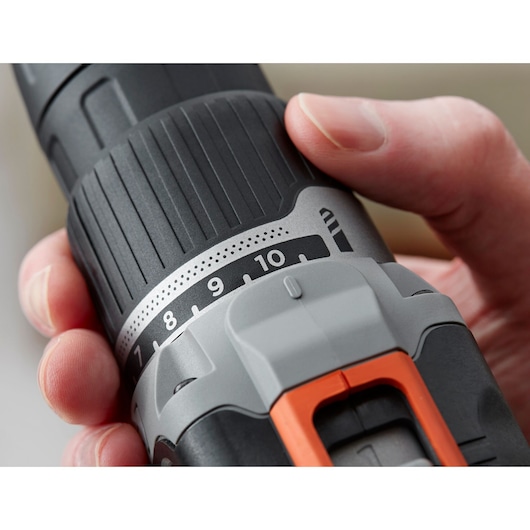 BLACKDECKER BCD003C1C cordless drill close-up showing torque settings and textured grip.
