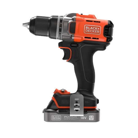 A BLACK+DECKER cordless drill with an orange and black body, shown with an 18V Power Connect lithium battery attached.