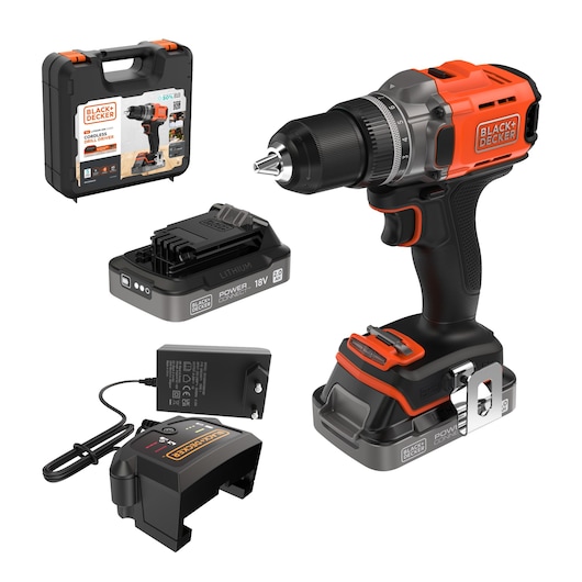 BLACK+DECKER cordless drill set including a black and orange power drill, 18V lithium battery, battery charger, and a hard carrying case.