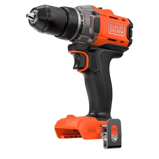 BLACK+DECKER cordless drill, black and orange, with ergonomic handle, shown without battery.