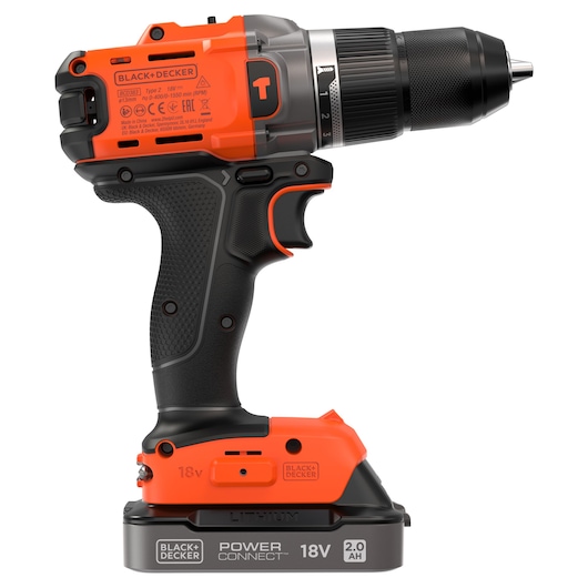 BLACK+DECKER 18V cordless drill with black and orange design, side view, with battery attached.