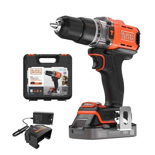 A BLACK+DECKER cordless hammer drill set, including an 18V drill, hard carrying case, battery, and charger, all shown against a white background.