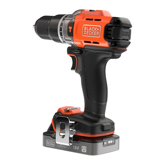 Cordless BLACK+DECKER 18V power drill with black and orange design, ergonomic handle, and battery pack attached at the base.