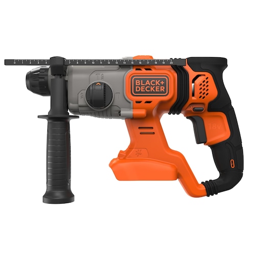 A BLACK+DECKER cordless rotary hammer drill with an orange and black handle, a side grip, and an adjustable ruler guide.