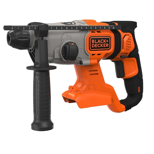 A BLACK+DECKER cordless rotary hammer drill in orange and black, with a side handle and a depth gauge, shown without the battery attached.