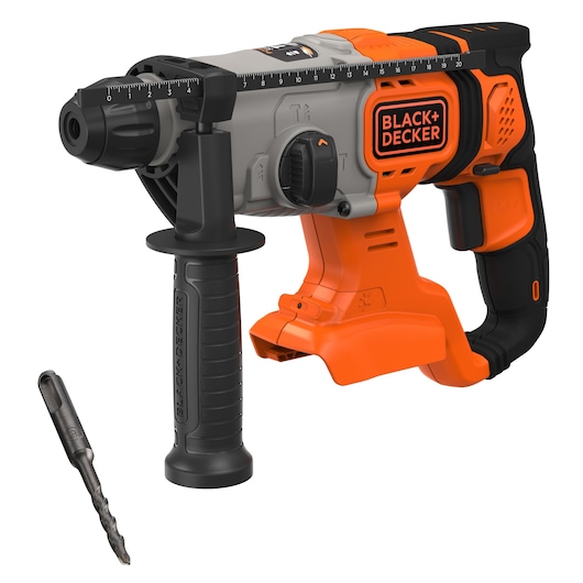 Cordless BLACK+DECKER rotary hammer drill with orange and black ergonomic handle, adjustable side grip, and included drill bit.
