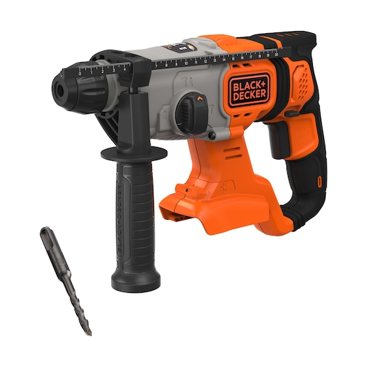 A BLACK+DECKER branded cordless rotary hammer drill with an ergonomic handle and depth gauge, shown next to a drill bit. The drill features orange and black accents.
